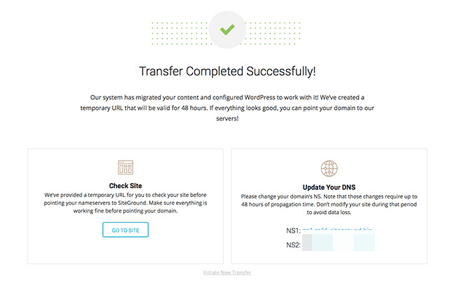 SiteGround migrate WordPress site success message